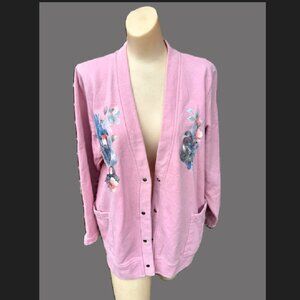 Ladies Vintage 'Neat Sportswear' Hummingbird Pink Snap Grandma (M-L) Cardigan